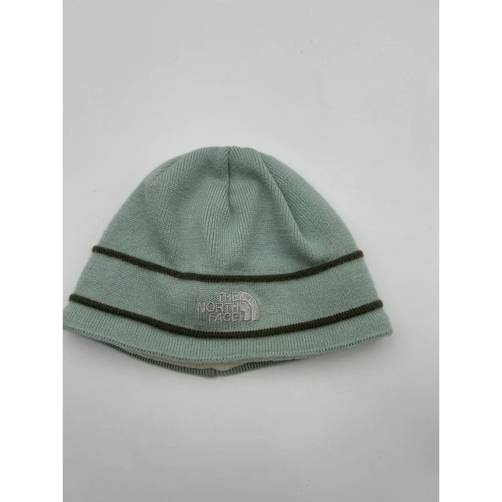 The North Face Wool Beanie Hat Seafoam Green Fleece Lined Striped Y2K Made in CA